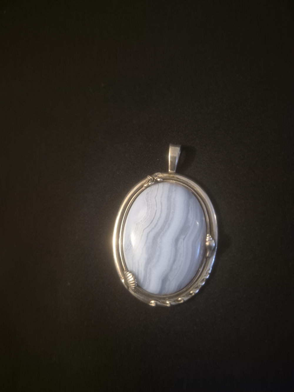 Silver Oval Blue Lace Agate Pendant Necklace